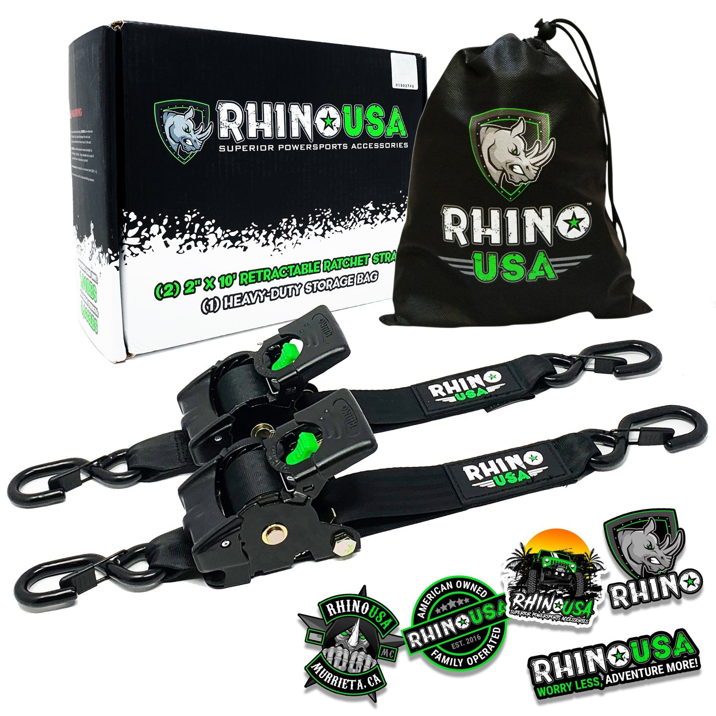 2" x 10' Retractable Ratchet Straps (2-Pack) Tie-Down Straps Rhino USA