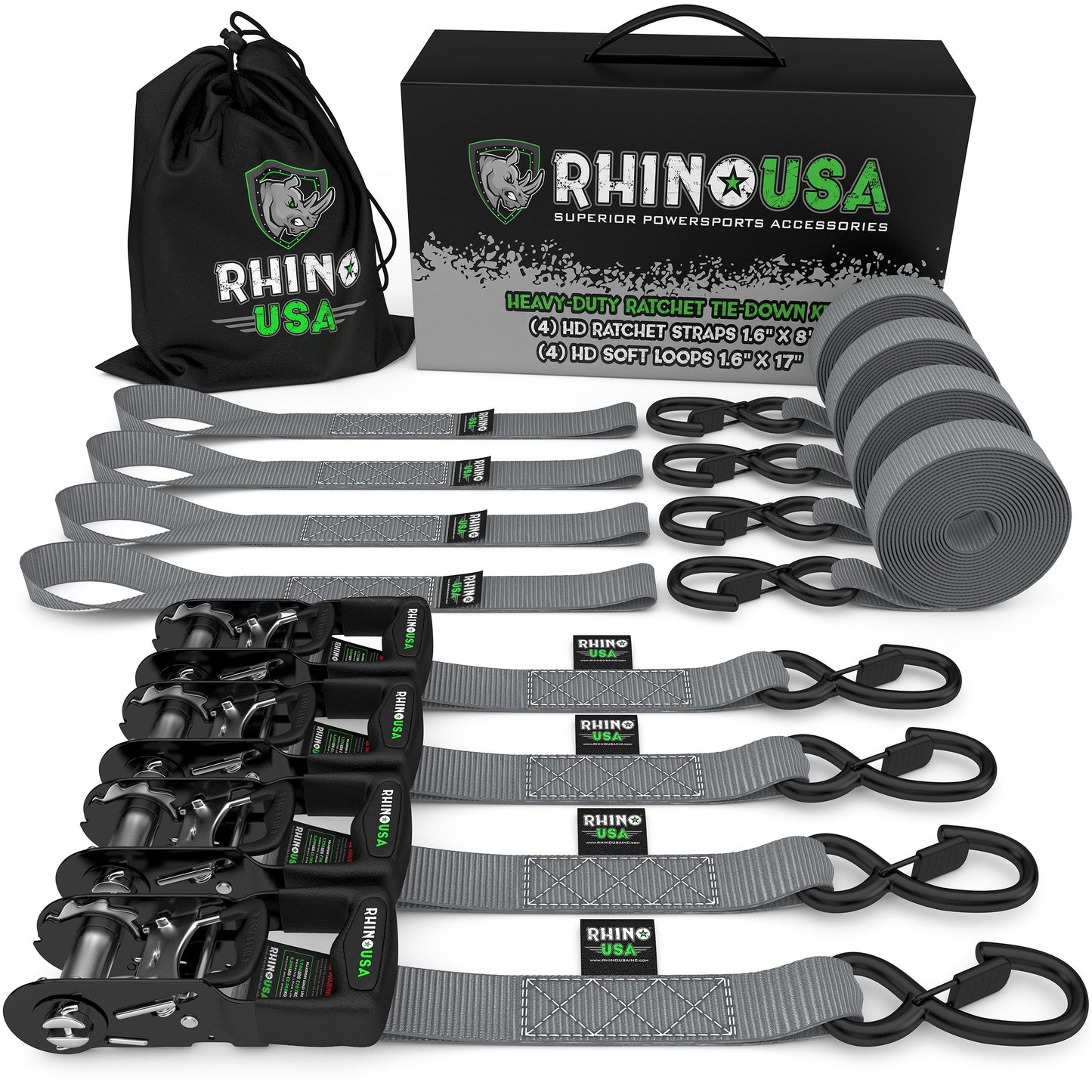 1.6" x 8' HD Ratchet Tie-Down Set (4-Pack) Tie-Down Straps Rhino USA, Inc.