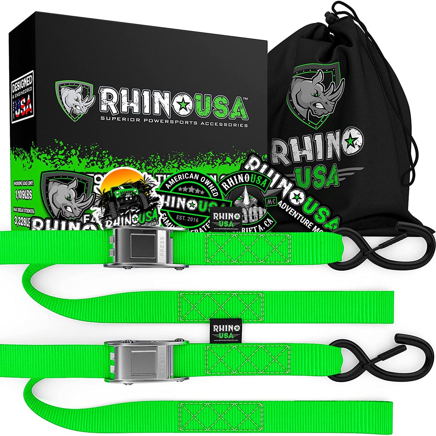 1.5" x 8' Cambuckle Tie-Down Straps (2-Pack) Rhino USA, Inc. Lime