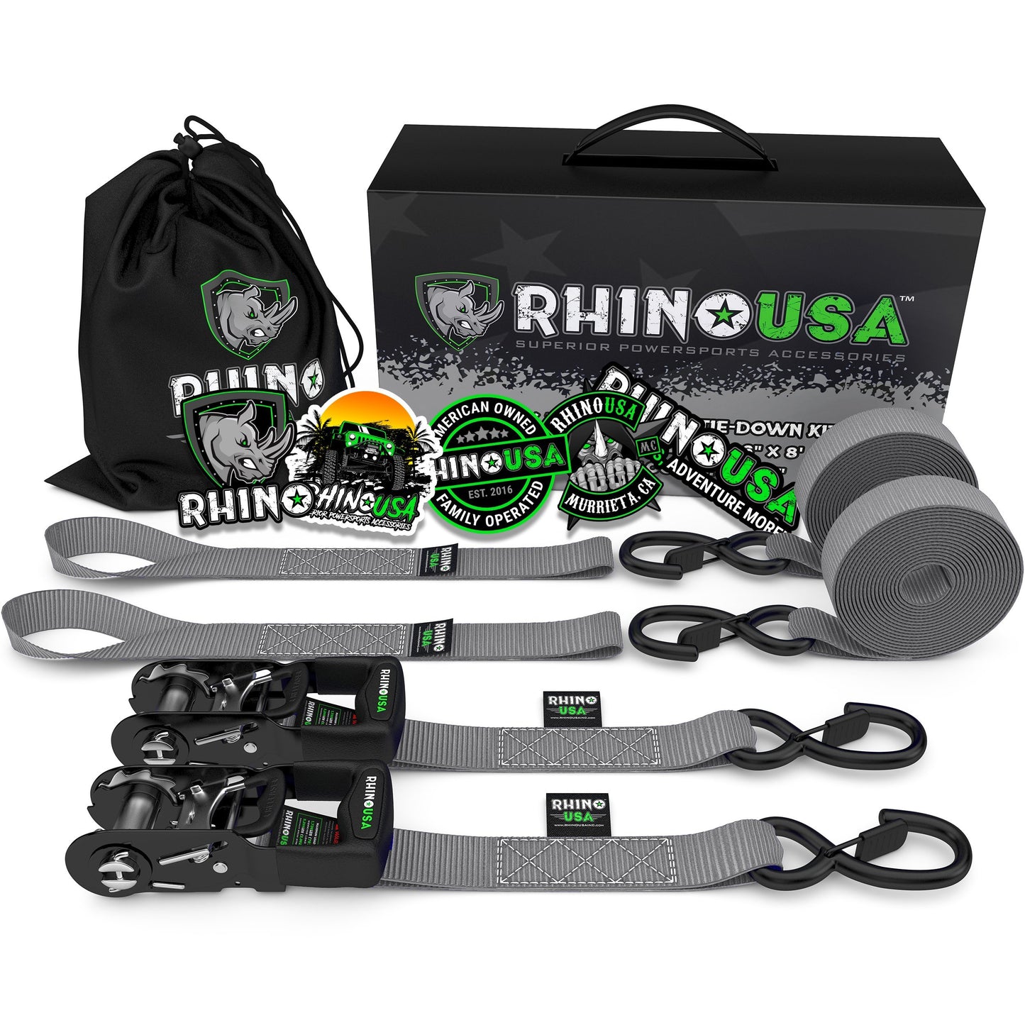 1.6" x 8' HD Ratchet Tie-Down Set (2-Pack) Tie-Down Straps Rhino USA, Inc. Gray
