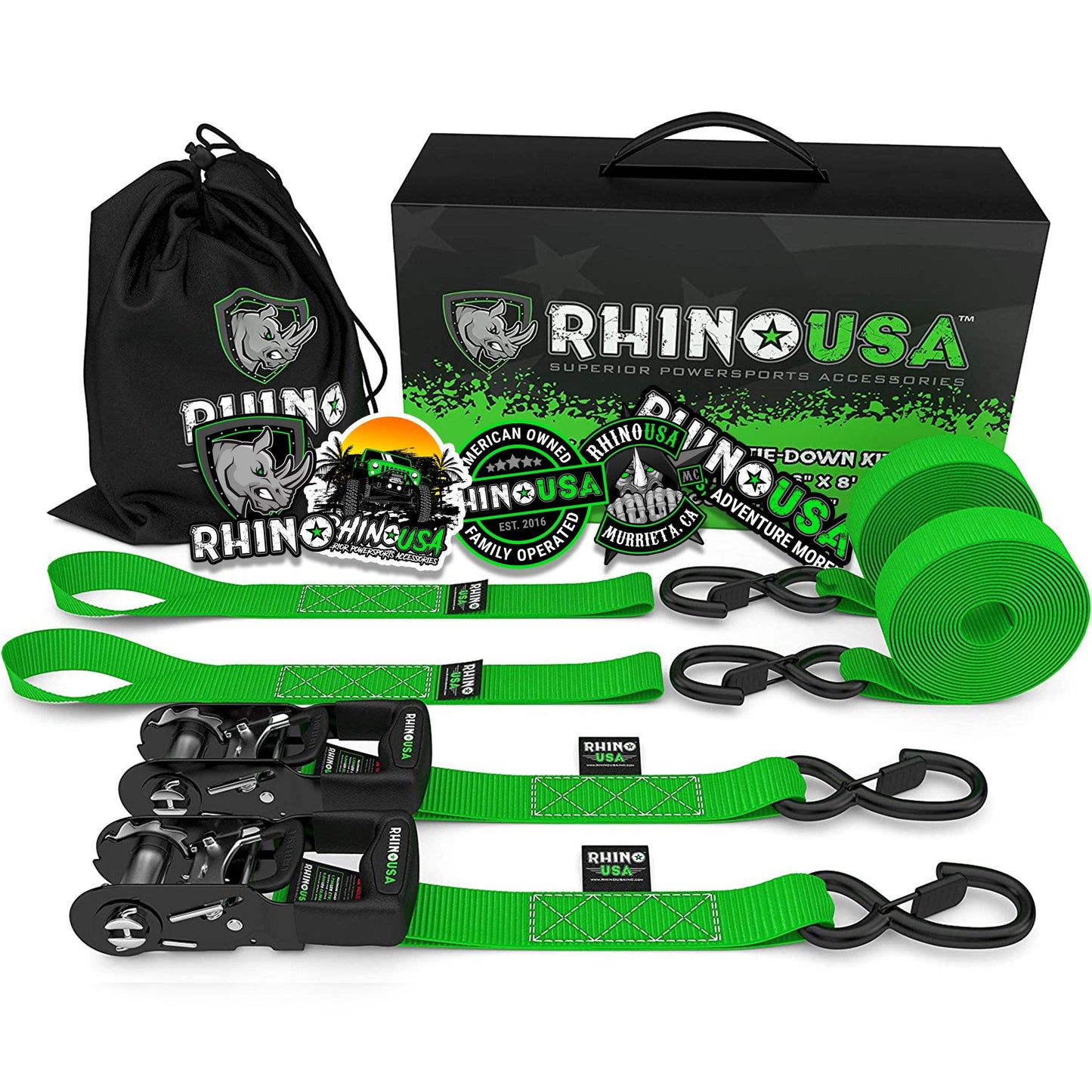 1.6" x 8' HD Ratchet Tie-Down Set (2-Pack) Tie-Down Straps Rhino USA, Inc. Lime
