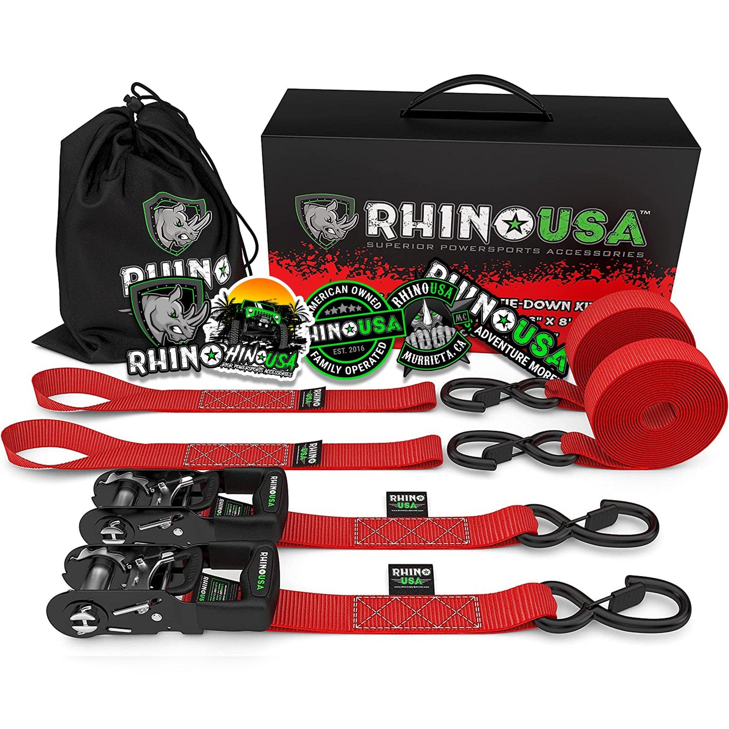 1.6" x 8' HD Ratchet Tie-Down Set (2-Pack) Tie-Down Straps Rhino USA, Inc. Red