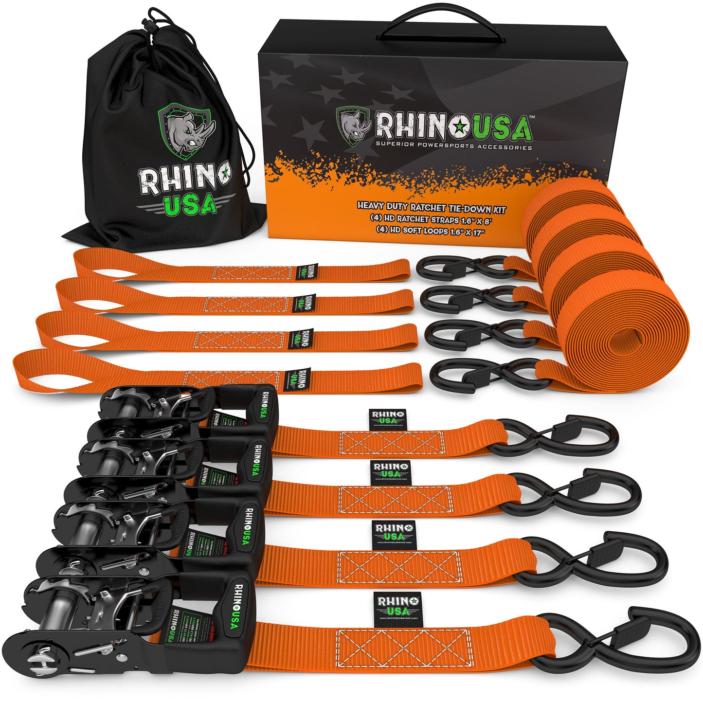 1.6" x 8' HD Ratchet Tie-Down Set (4-Pack) Tie-Down Straps Rhino USA, Inc.