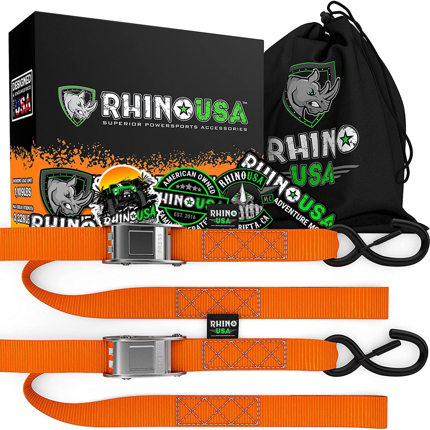 1.5" x 8' Cambuckle Tie-Down Straps (2-Pack) Rhino USA, Inc. Orange