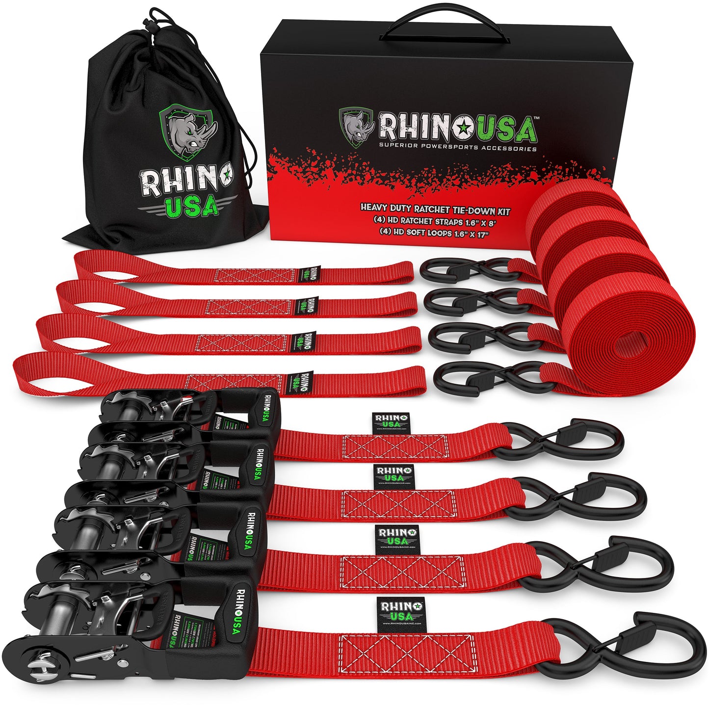 1.6" x 8' HD Ratchet Tie-Down Set (4-Pack) Tie-Down Straps Rhino USA, Inc.