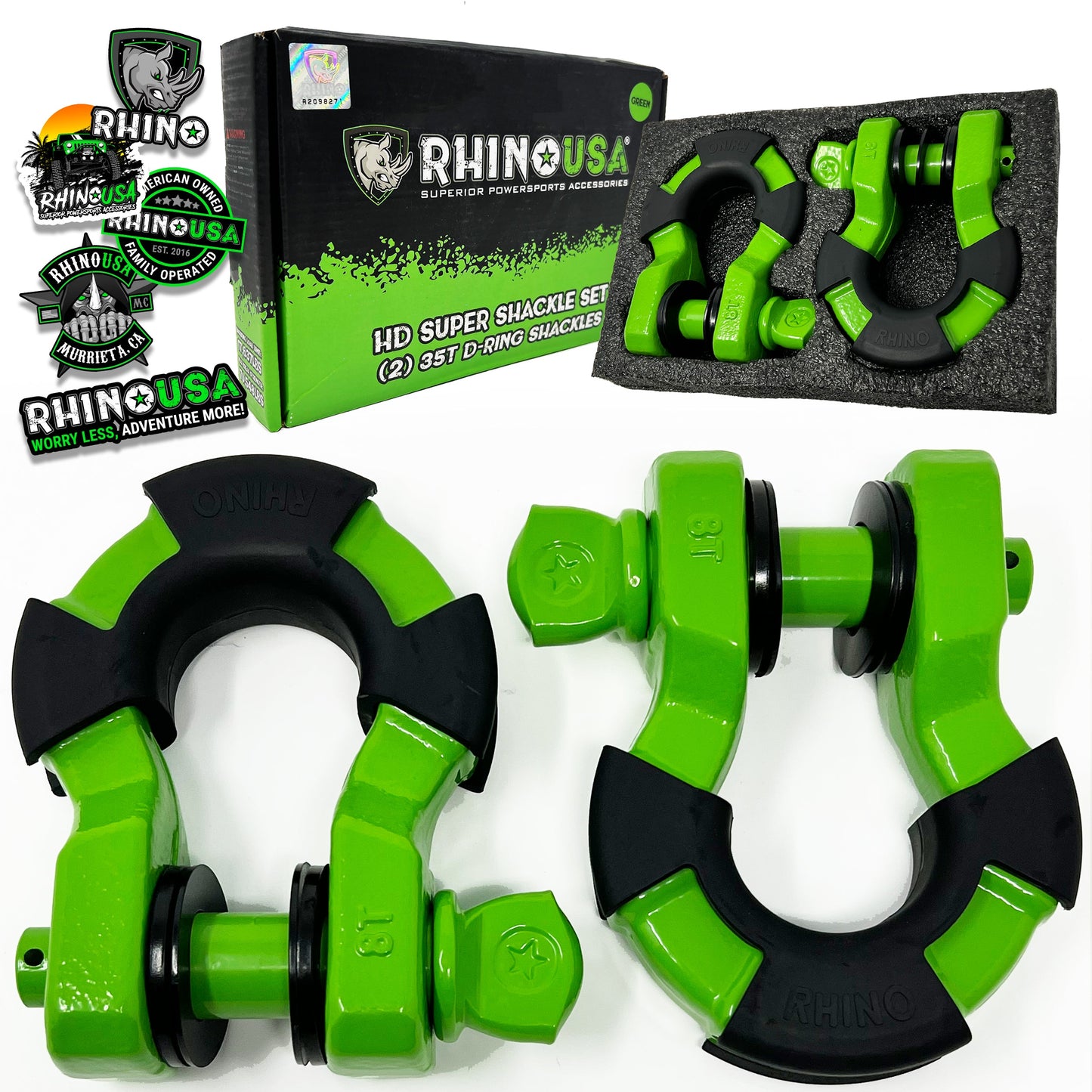 8 Ton Super Shackles w/ Isolators Recovery Rhino USA Lime