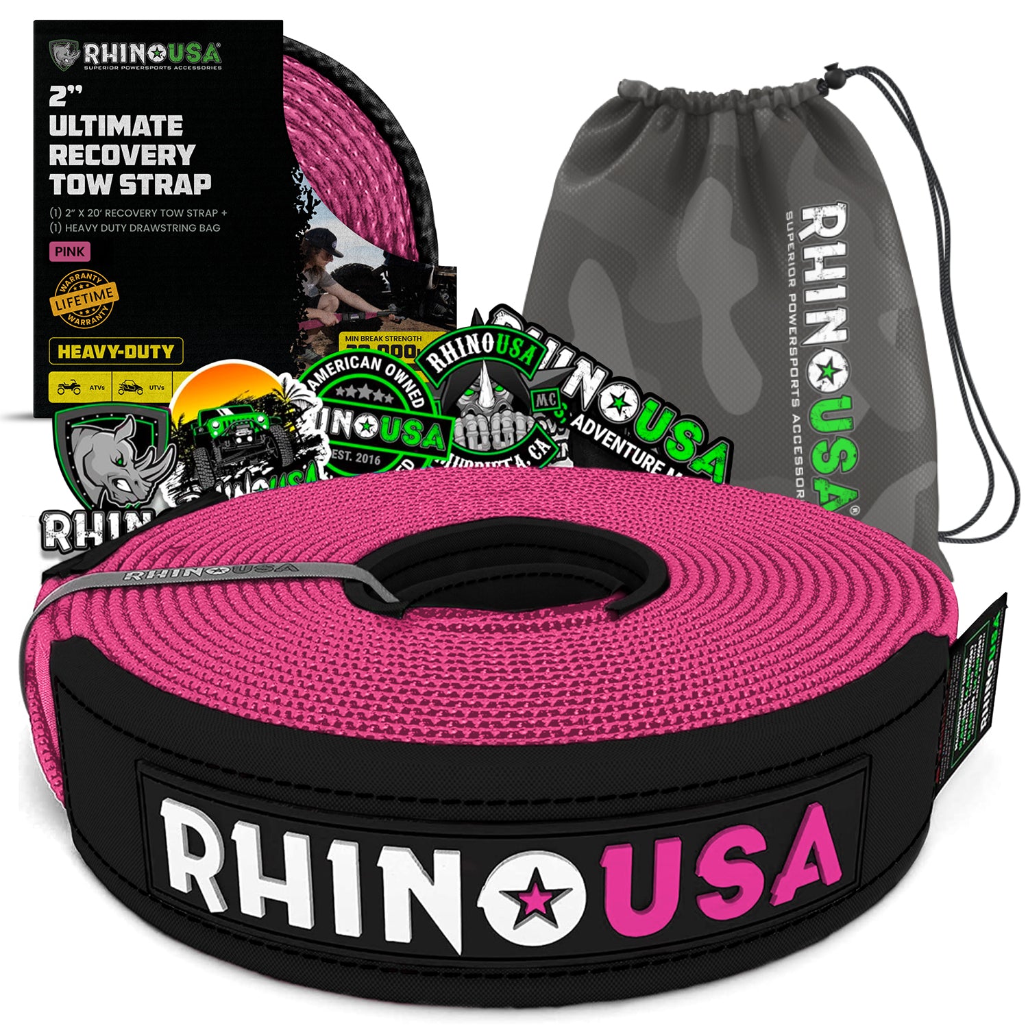 Rhino USA 2 inch by 20 foot ultimate recovery tow strap in pink with camo storage bag