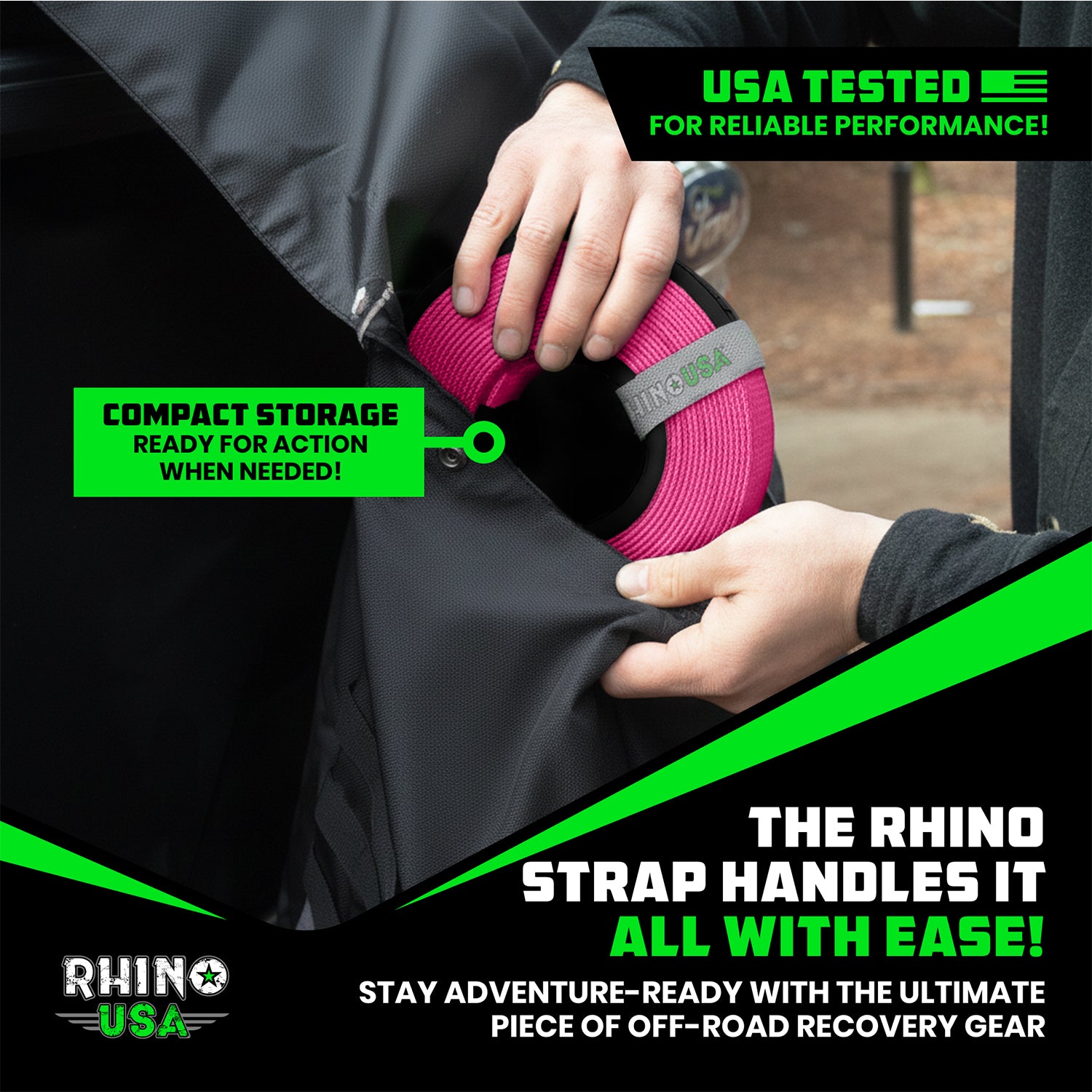 Rhino USA 2 inch recovery tow strap pulling a stuck UTV off a rocky trail with 20,000 lb break strength