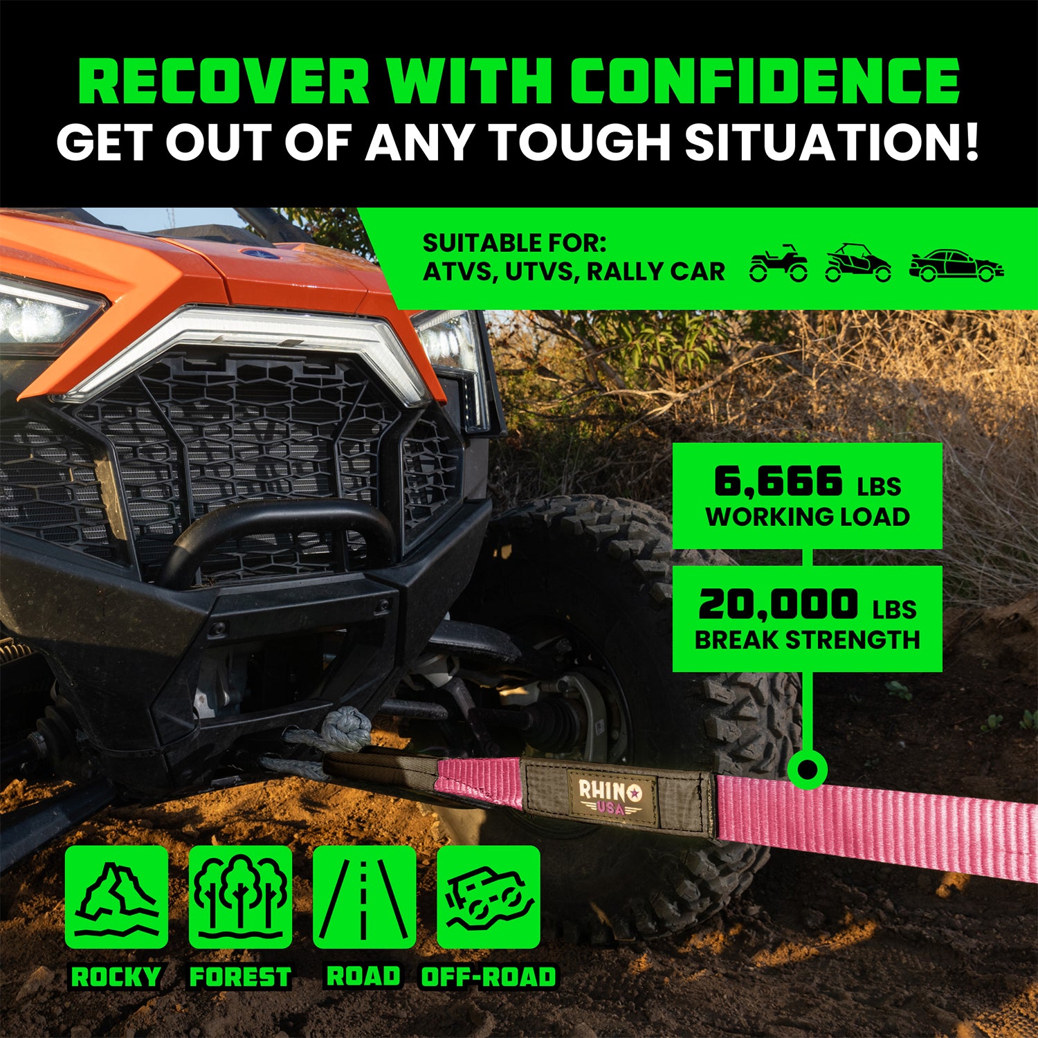 Recover with confidence using Rhino USA 2 inch recovery tow strap with 6,666 lb working load and 20,000 lb break
