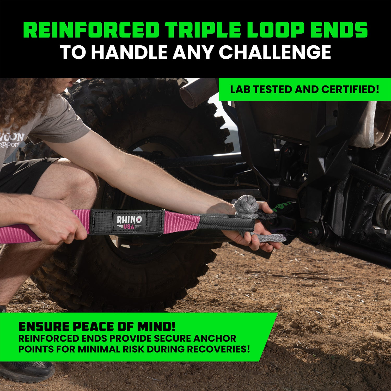 Reinforced triple loop ends on Rhino USA 2 inch recovery tow strap attached to a truck for secure anchor point