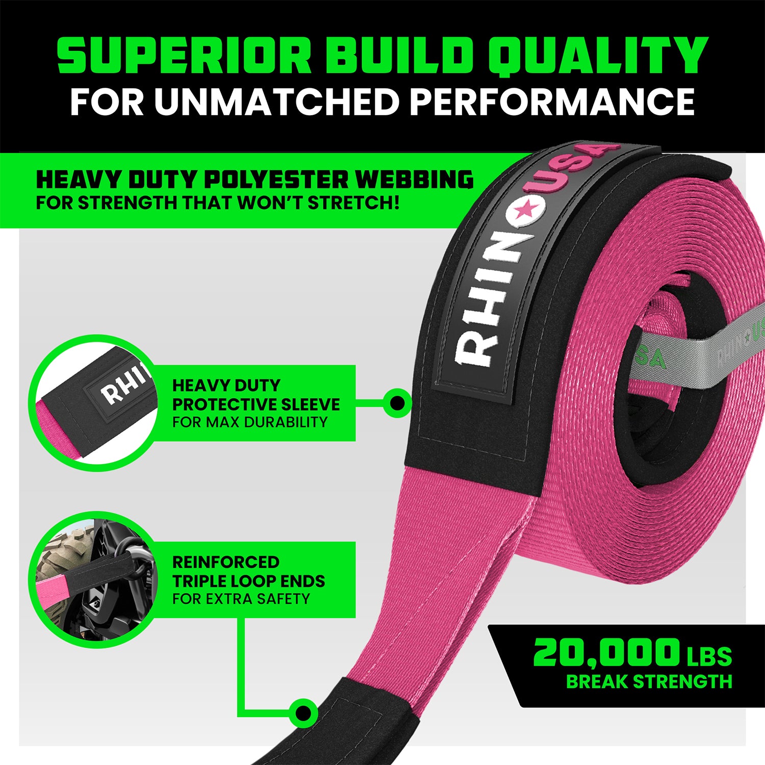 Superior build quality: heavy-duty polyester webbing and reinforced triple loop ends on Rhino USA 2 inch recovery tow strap