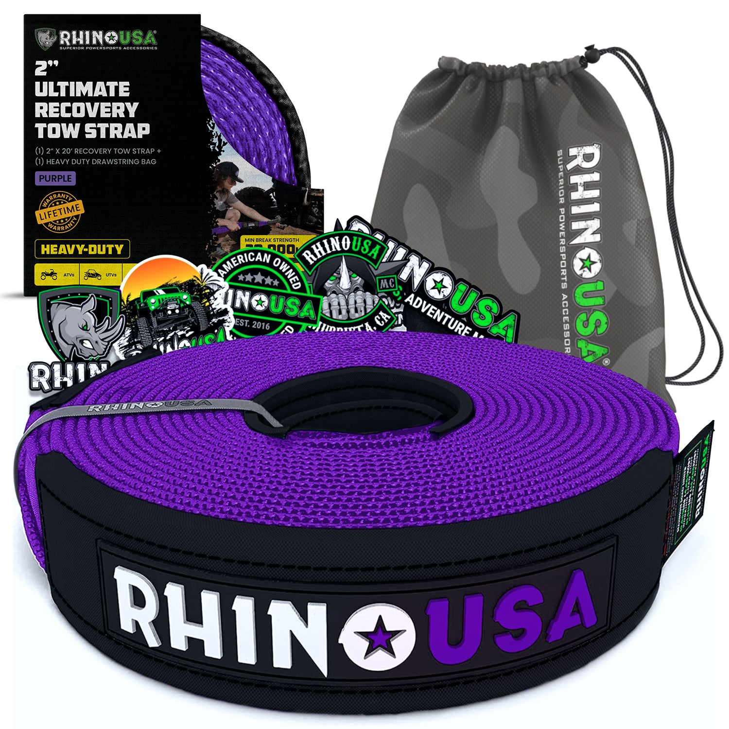 Rhino USA 2 inch by 20 foot ultimate recovery tow strap in purple with camo storage bag
