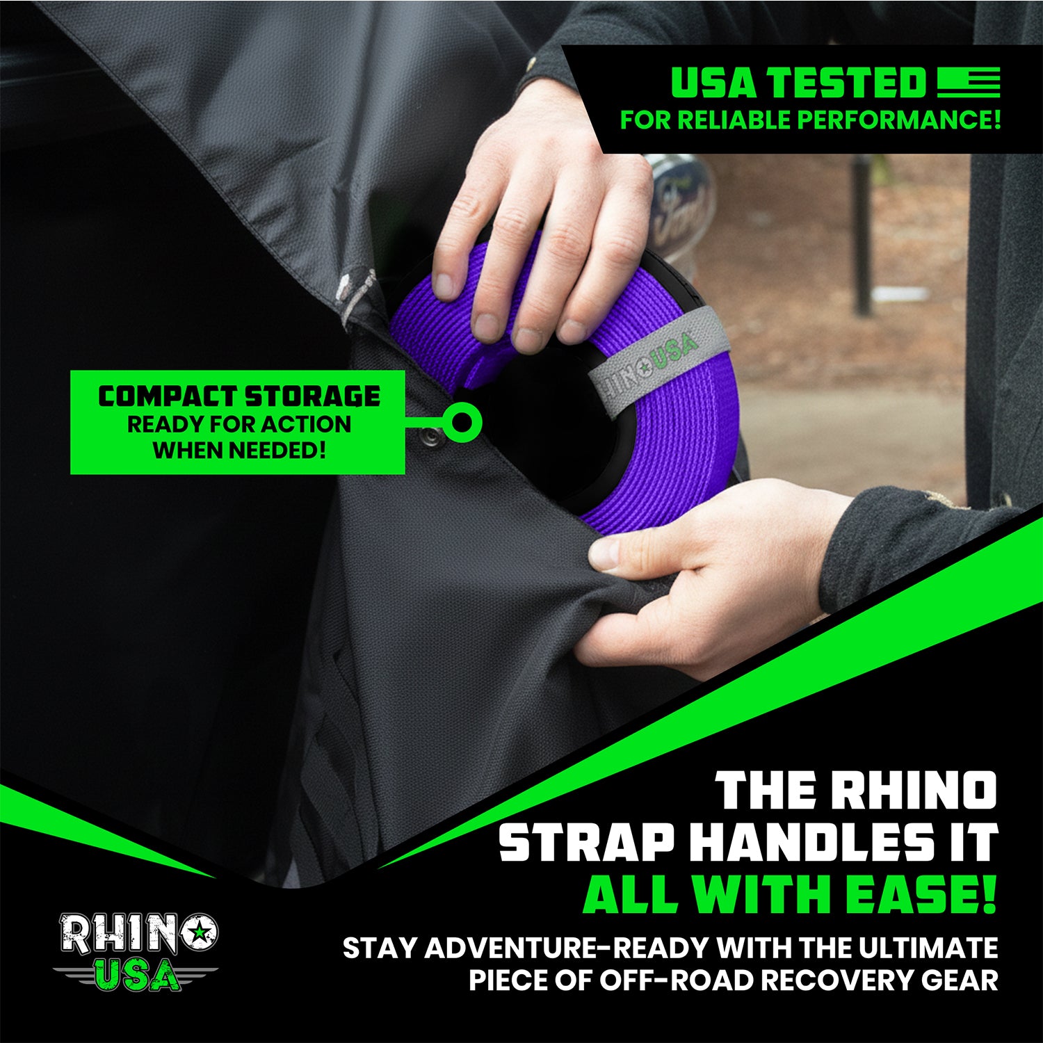 Rhino USA 2 inch recovery tow strap pulling a stuck UTV off a rocky trail with 20,000 lb break strength