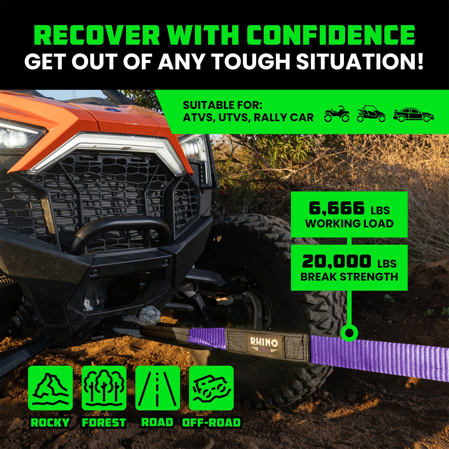 Recover with confidence using Rhino USA 2 inch recovery tow strap with 6,666 lb working load and 20,000 lb break