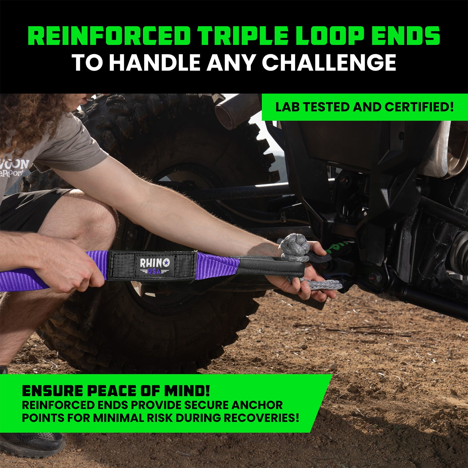 Reinforced triple loop ends on Rhino USA 2 inch recovery tow strap attached to a truck for secure anchor point