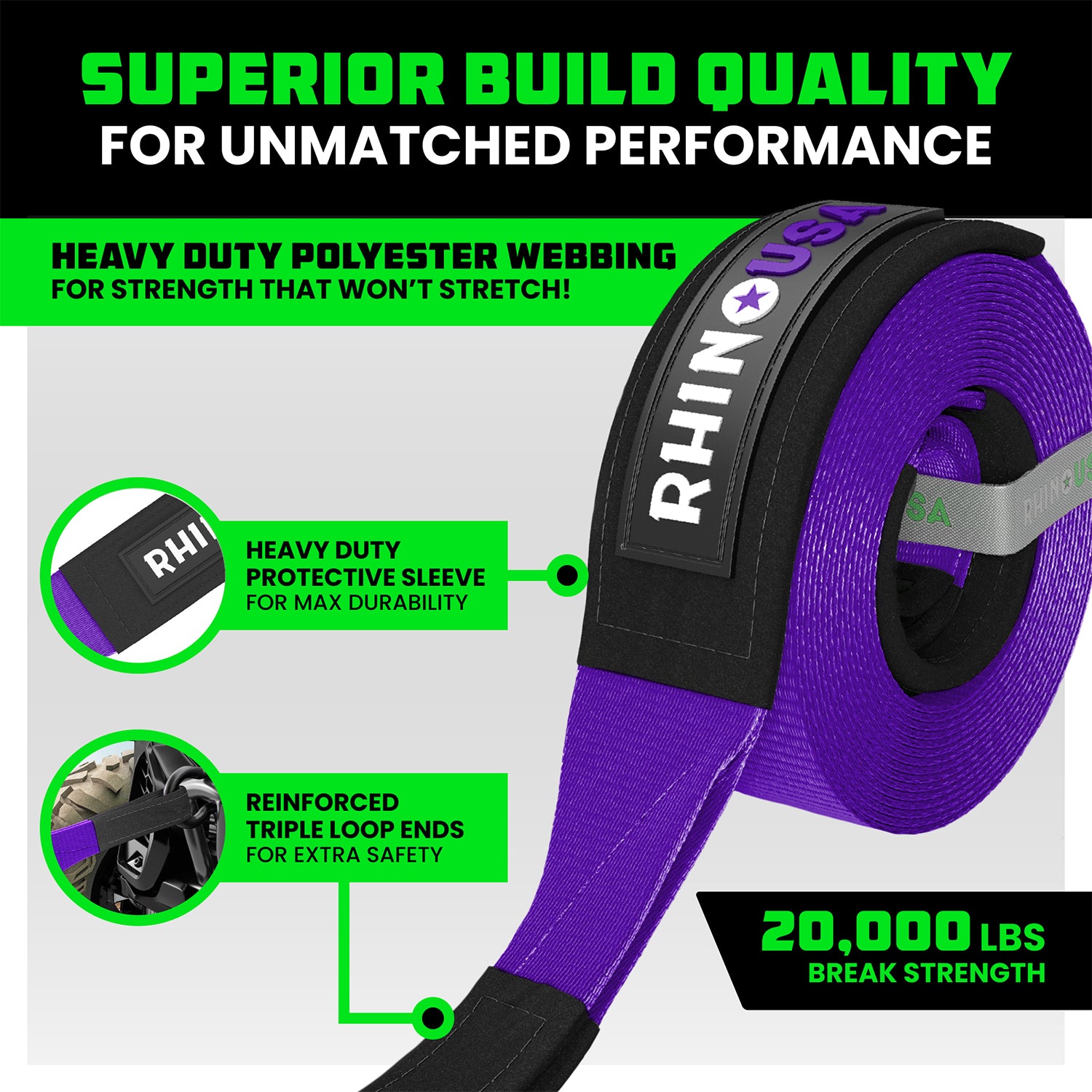 Superior build quality: heavy-duty polyester webbing and reinforced triple loop ends on Rhino USA 2 inch recovery tow strap
