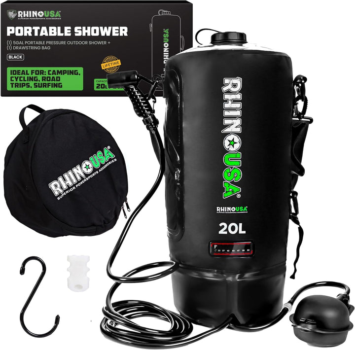 Rhino USA 5 gallon portable pressure outdoor shower in black with foot pump, hose, and collapsible bag