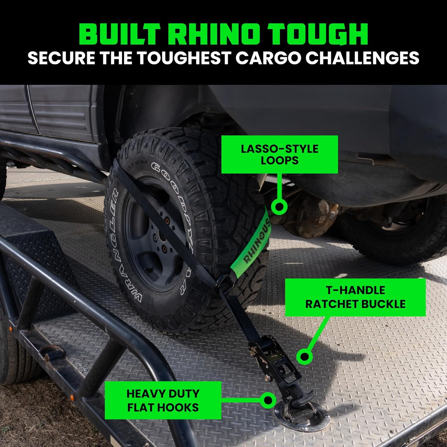 4-Pack Heavy Duty Ratchet Tie Down Straps With Chain Anchors, 2"x120" Lasso Style Tire Straps, 5865 Lbs Working Load & 11023 Lbs Break Strength For Car, Truck, SUV, ATV, UTV