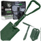 Green folding survival shovel with camo carry bag, box packaging, and pickaxe attachment