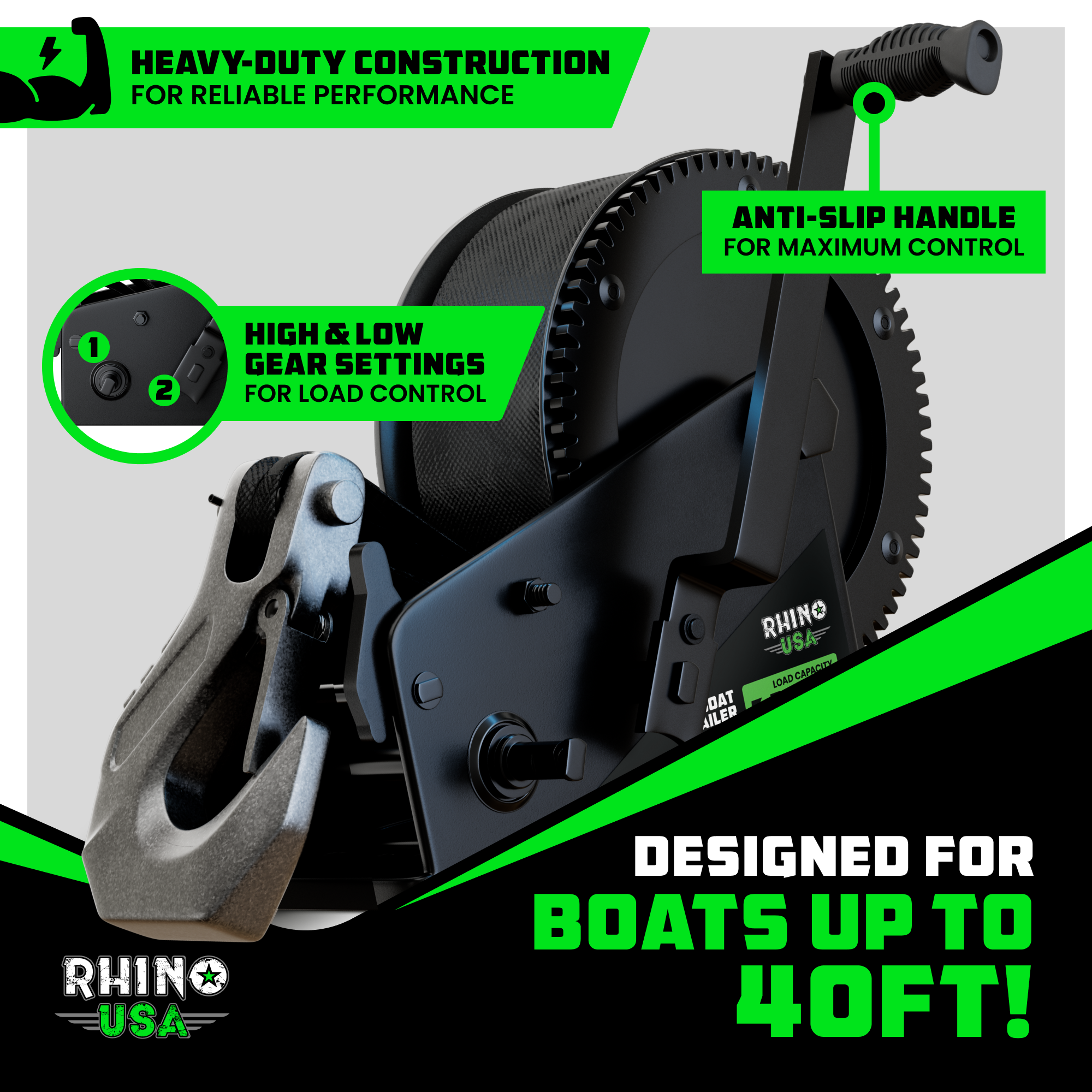 Boat trailer winch callouts: anti-slip handle, high/low gear settings, designed for boats up to 40 feet