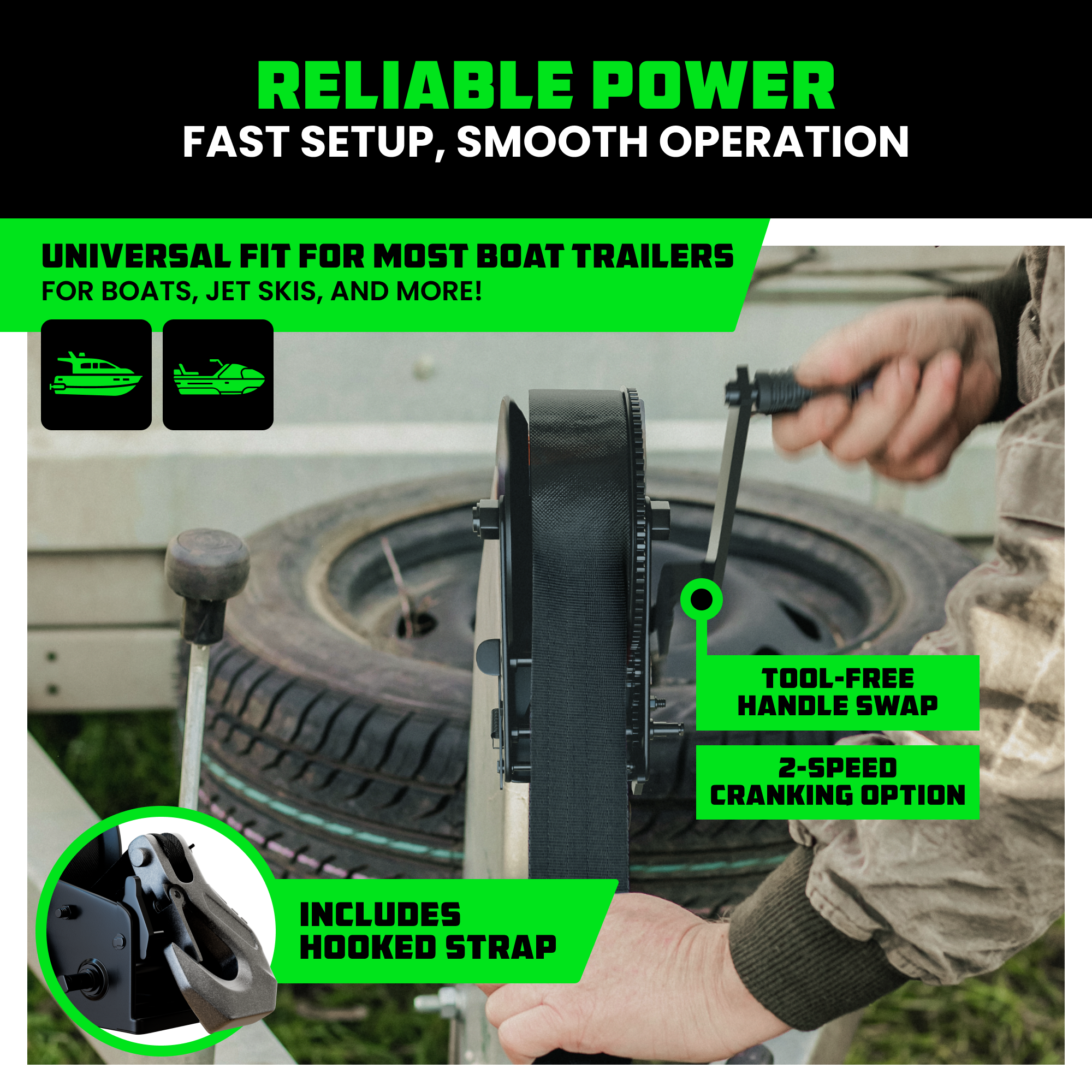 Five-step setup: mount winch, hook strap, crank with ease, lock in place, hit the road