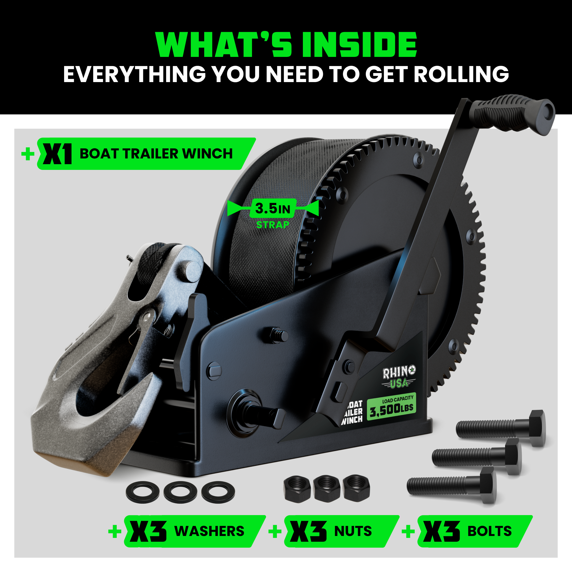 Hands cranking winch with tool-free handle swap and 2-speed cranking, includes hooked strap