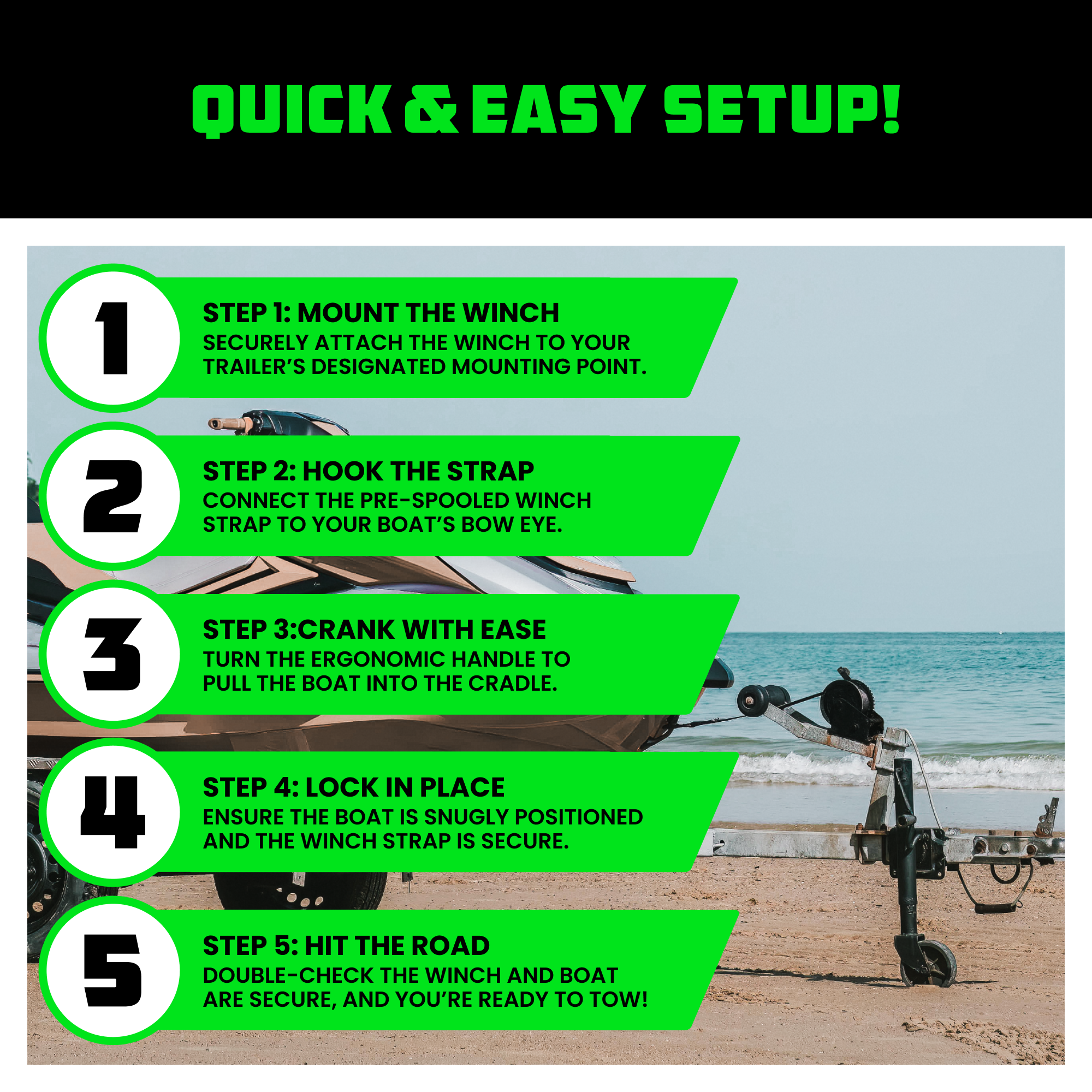 Kit contents: boat trailer winch with 3.5 inch strap plus 3 washers, 3 nuts, and 3 bolts