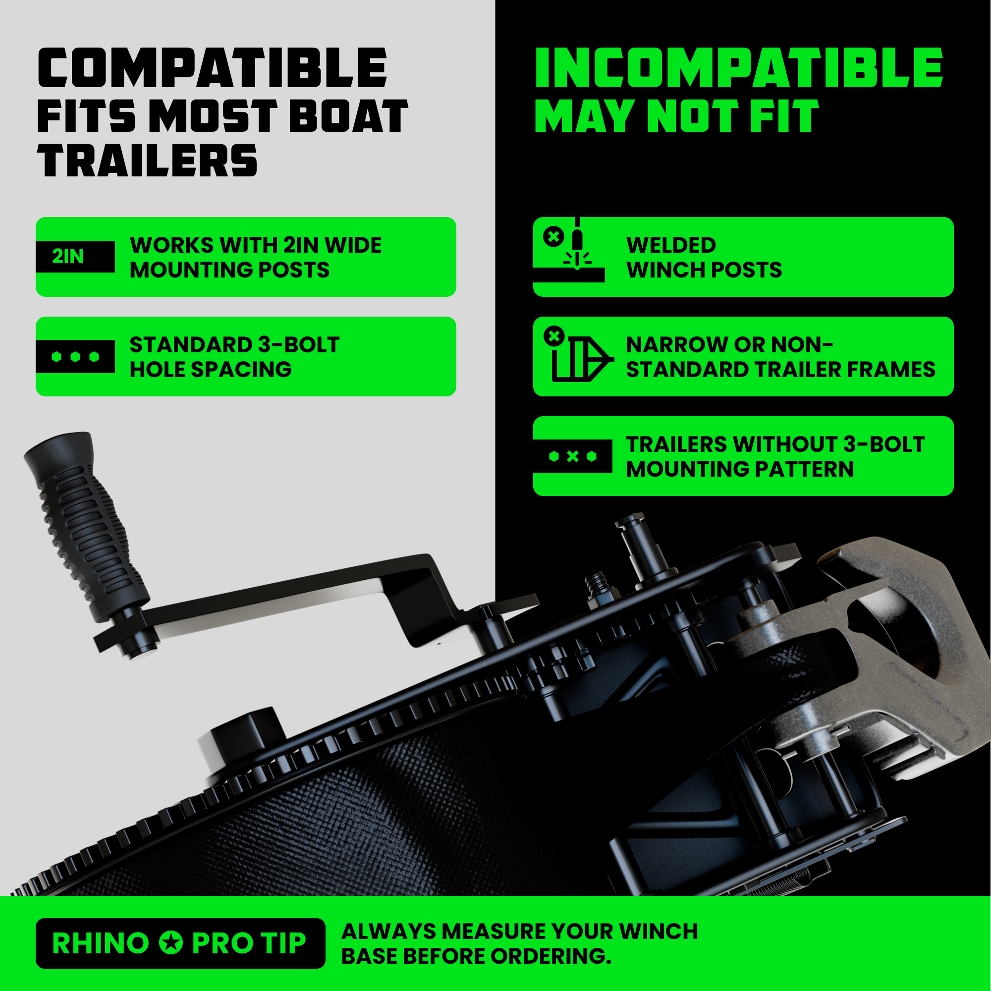 Compatibility chart: fits 2in mounting posts with 3-bolt spacing, not for welded or narrow frames