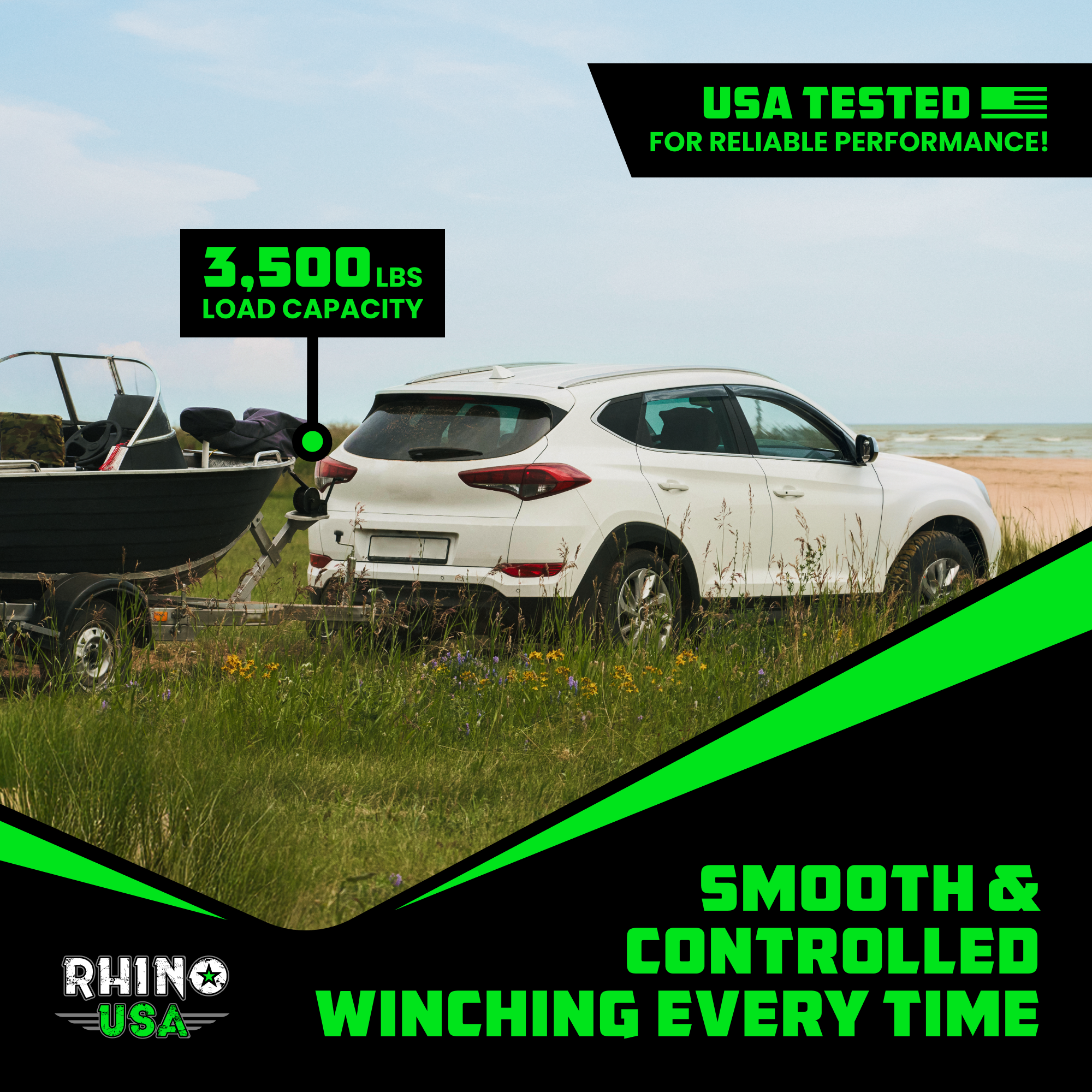 SUV towing boat trailer on beach with 3,500lb load capacity callout, USA tested