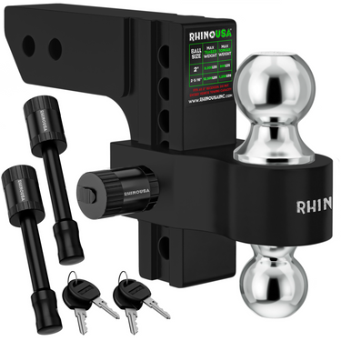 Rhino USA adjustable trailer hitch in black with dual ball mount, locking pins, and keys