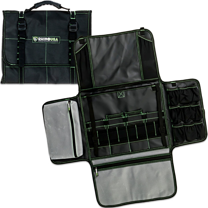Rhino USA camp kitchen organizer in black canvas shown folded and unfolded with mesh pockets and elastic holders