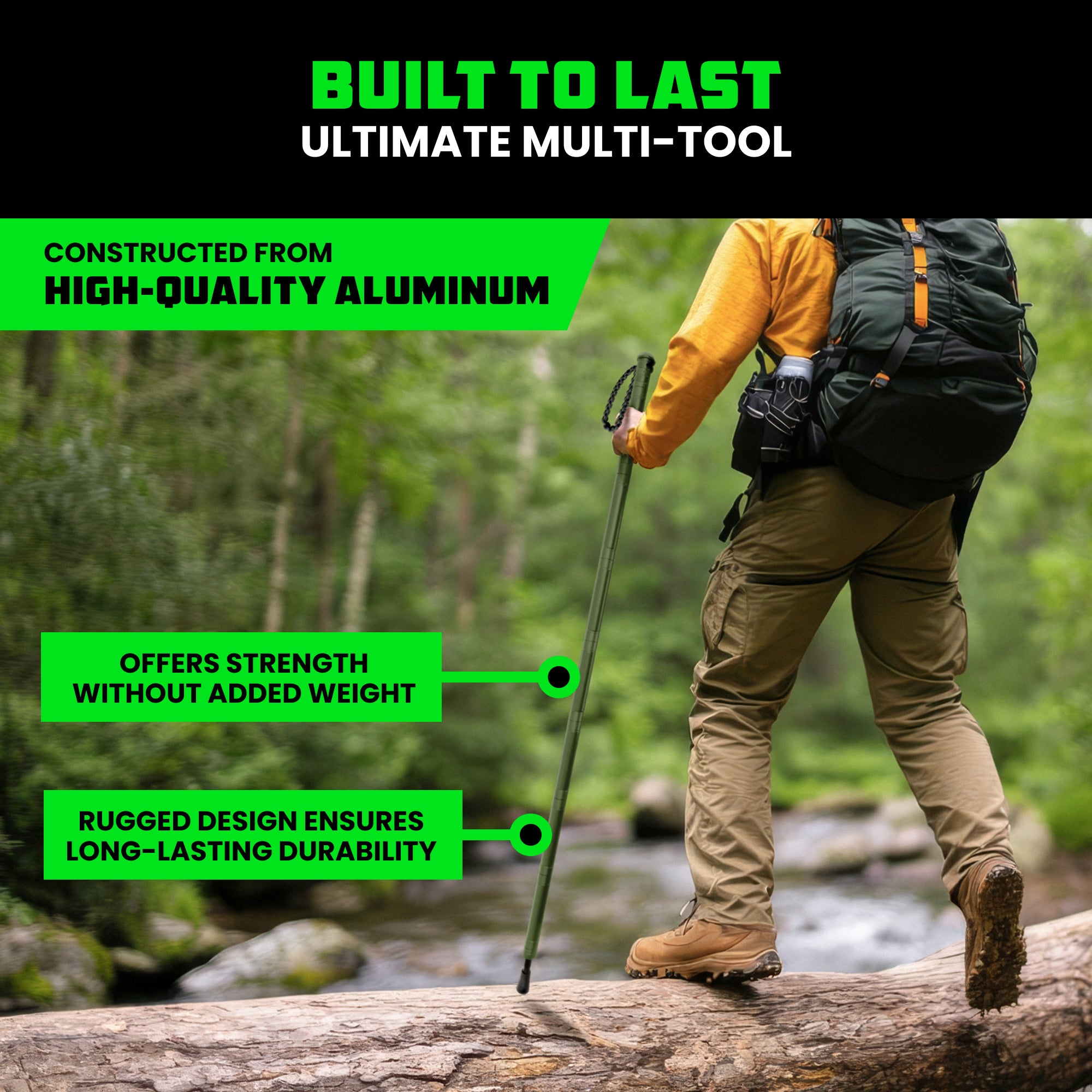 Rhino USA Collapsible Hiking Stick w/ Survival Kit (Green), 52