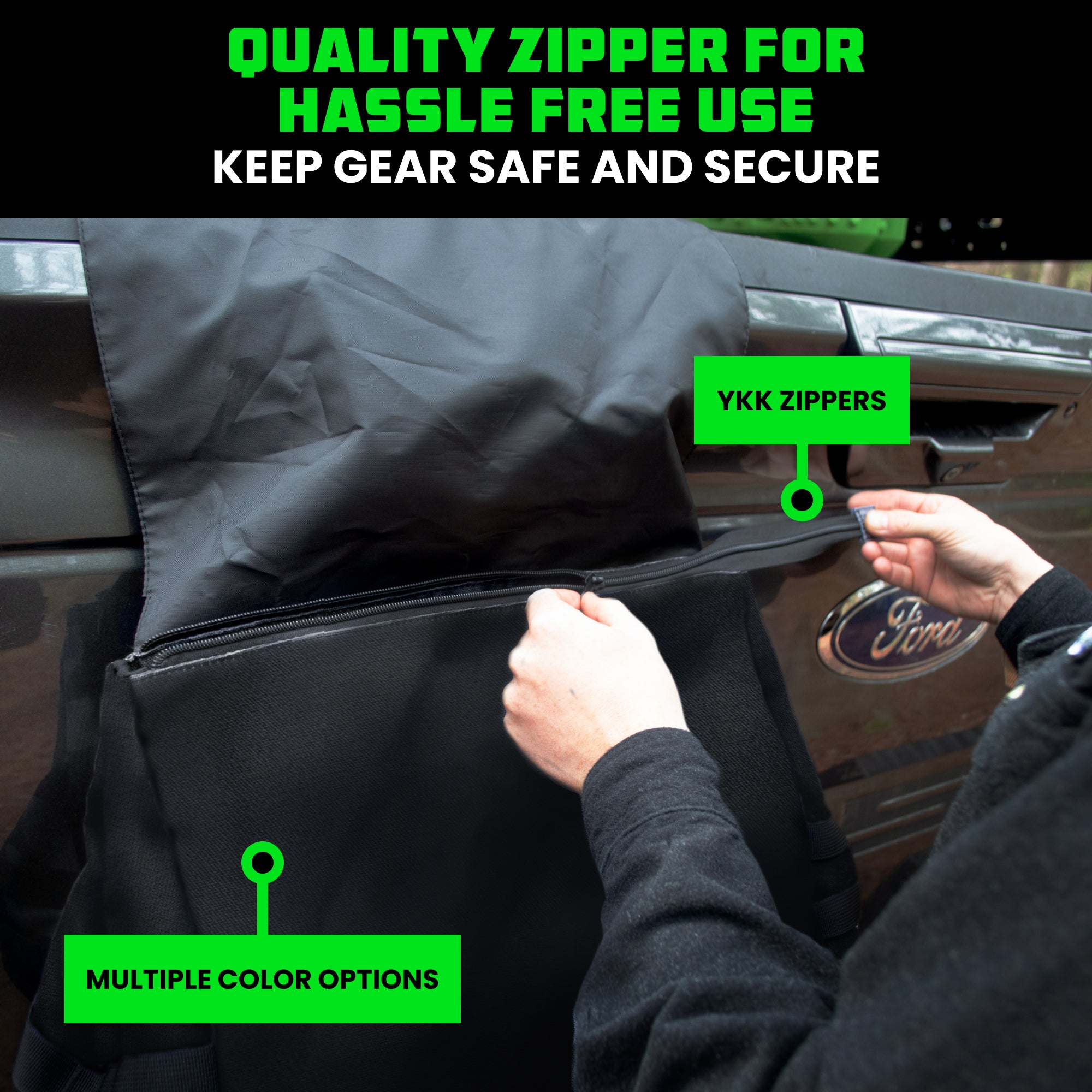 Hands opening YKK zipper on black tailgate bag mounted to truck tailgate
