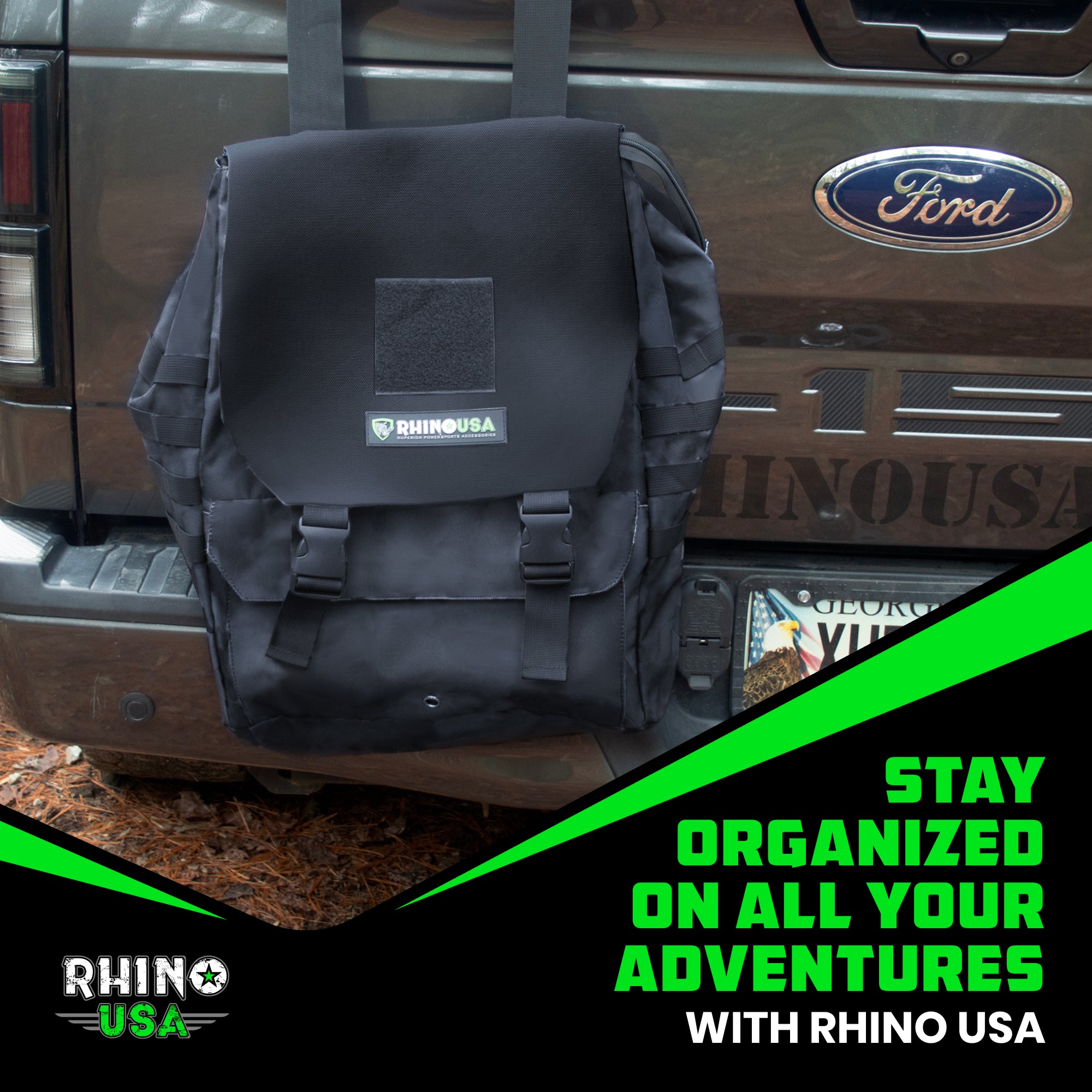 Black tailgate trash bag mounted on Ford truck tailgate ready for adventure