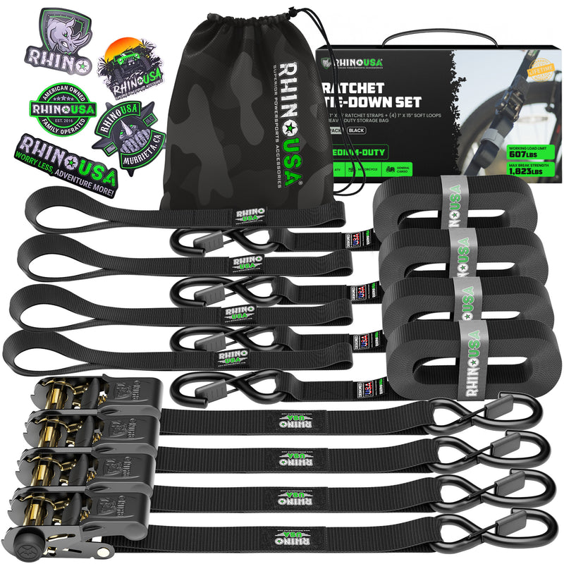 Rhino USA Ratchet Tie-Down Straps, 4-Pack, 1 in x 15 ft, Black for 2014-2026 Chevrolet Silverado 1500