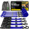 Rhino USA heavy-duty 4-pack ratchet tie-down set in blue with 1.6 inch by 8 foot straps, soft loops, and camo bag