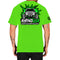 Back of Rhino USA Mudslinger t-shirt in neon green showing Jeep and green splatter graphic
