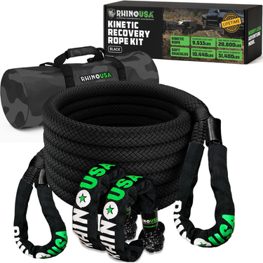 Rhino USA 7/8 inch by 30 foot kinetic recovery rope kit in black with soft shackles and heavy-duty carry bag