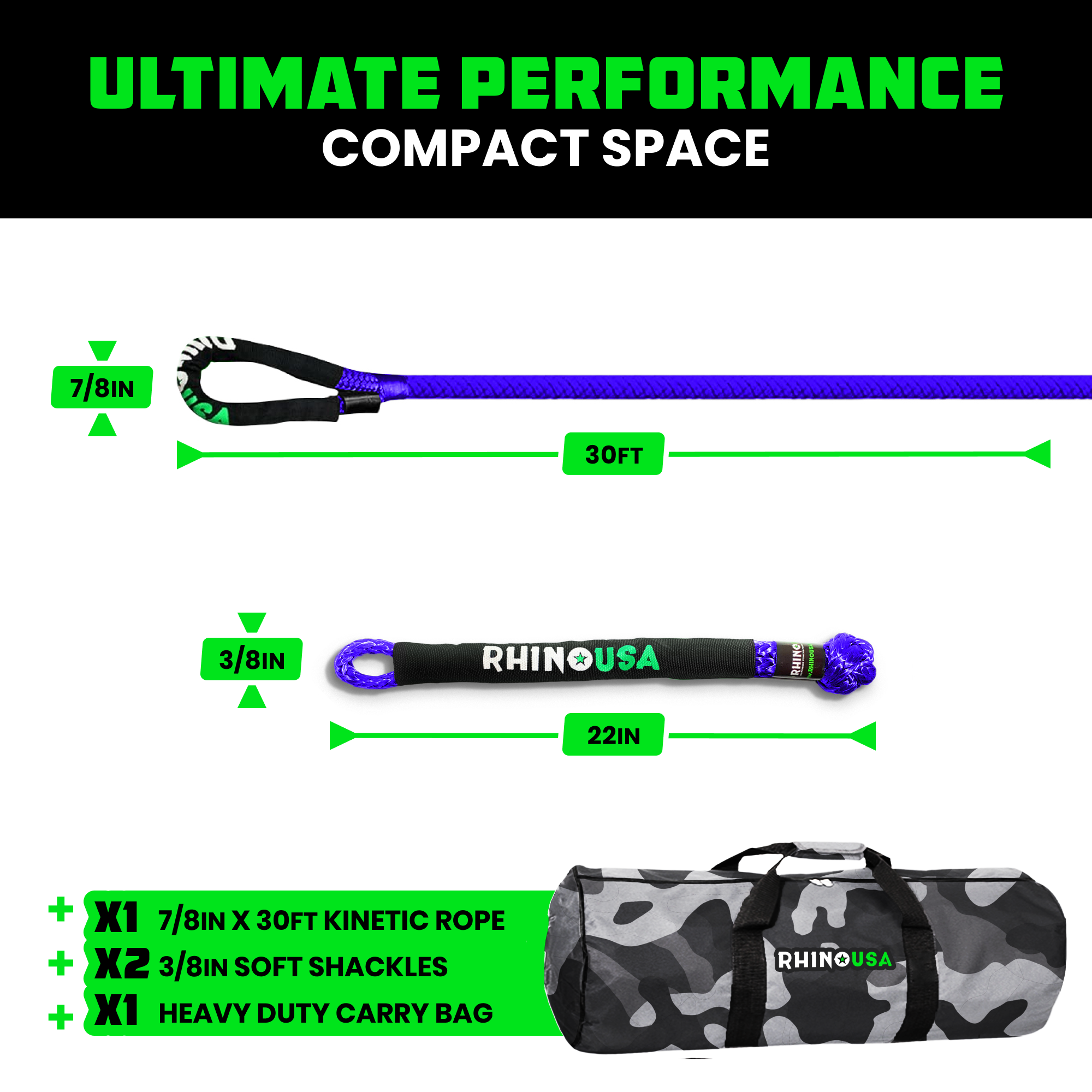 Rhino USA kit contents: 7/8 inch by 30 foot kinetic rope, two 3/8 inch soft shackles, and heavy-duty camo carry bag