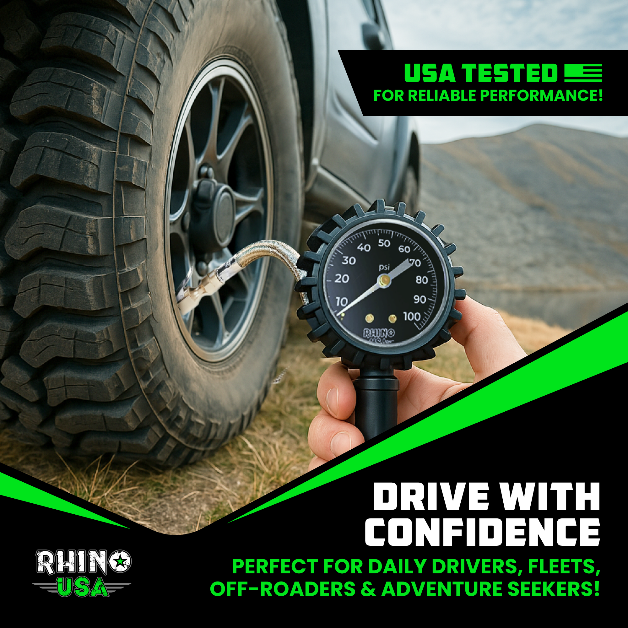 Rhino USA Heavy Duty Tire Pressure Gauge (60 PSI) - ANSI B40.1 Certified Accurate