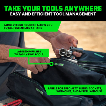 Large Canvas Roll-Up Tool Bag, 5 Zippered Pockets, Green, 18x11 Inch, Portable Organizer For Pliers, Wrenches, Screwdrivers