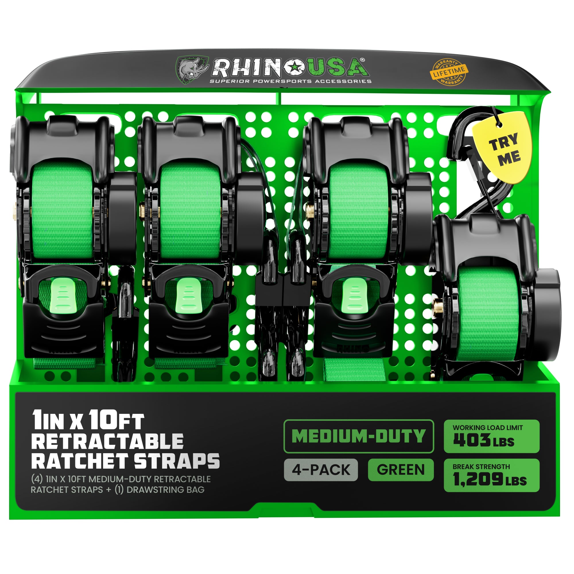 1" x 10' Retractable Ratchet Straps (Retail Packaging)