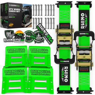 Rhino USA UTV wheel chock kit in green with 4 chocks, 2 e-track straps, hardware, and camo bag
