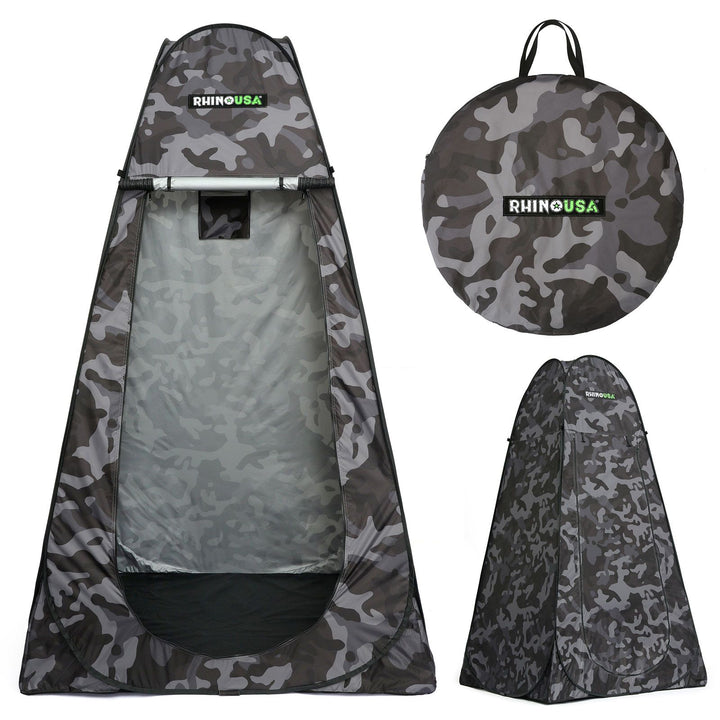 Rhino USA outdoor pop-up privacy tent in camo shown open with mesh window and included carrying case
