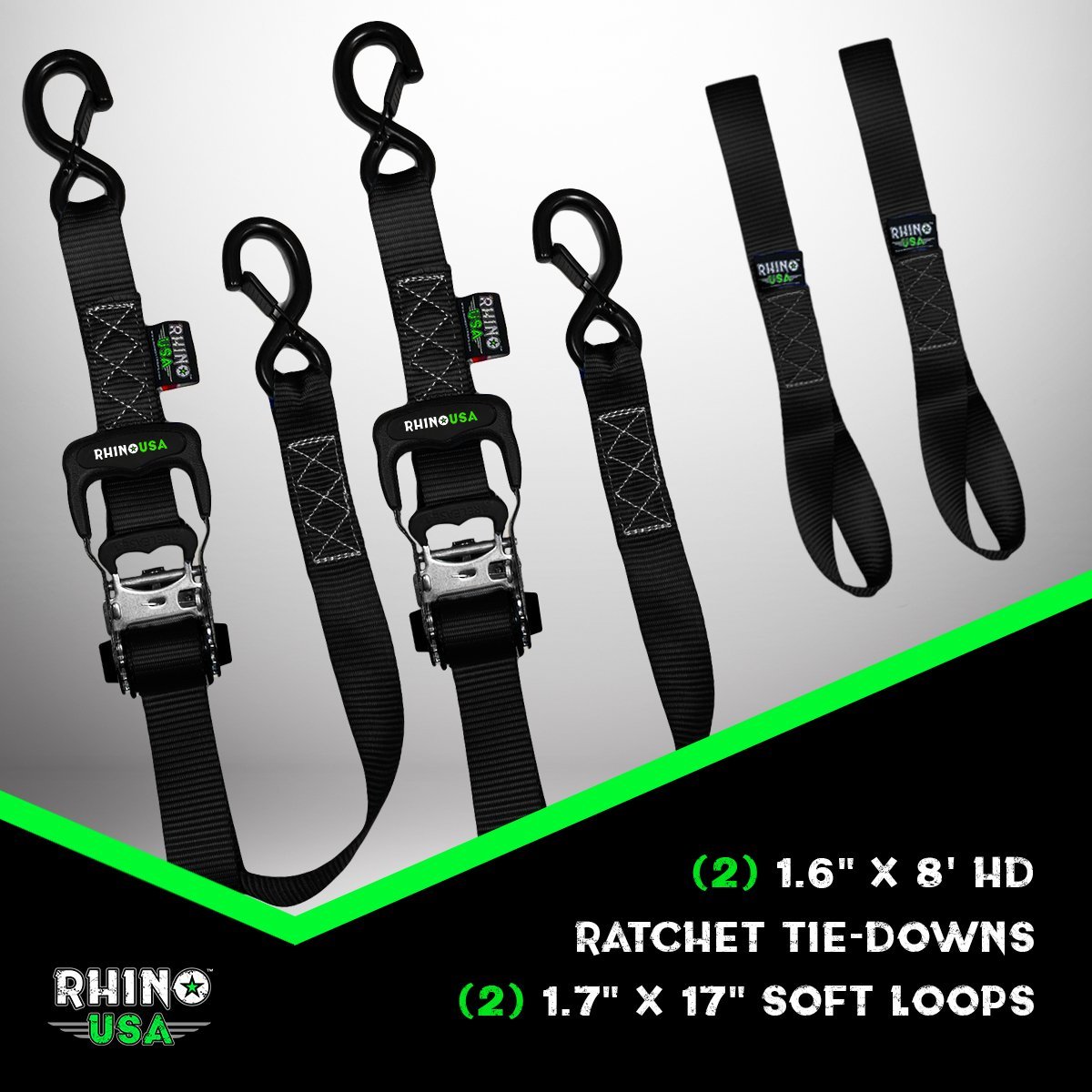 1.6" x 8' HD Ratchet Tie-Down Set (2-Pack) Tie-Down Straps Rhino USA, Inc. 