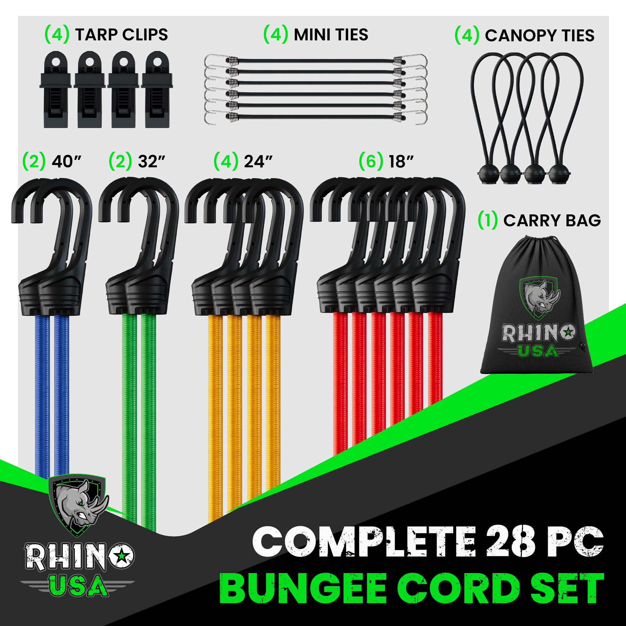Rhino USA Bungee Cords with Hooks 28pc Heavy Duty Assortment 4 Free Tarp