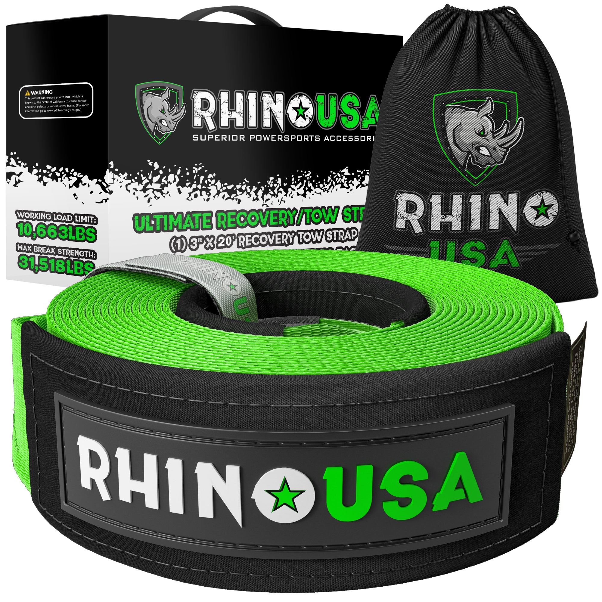 Rhino USA Recovery Tow Strap 3 x 20ft - Lab Tested 31,518lb Break Strength
