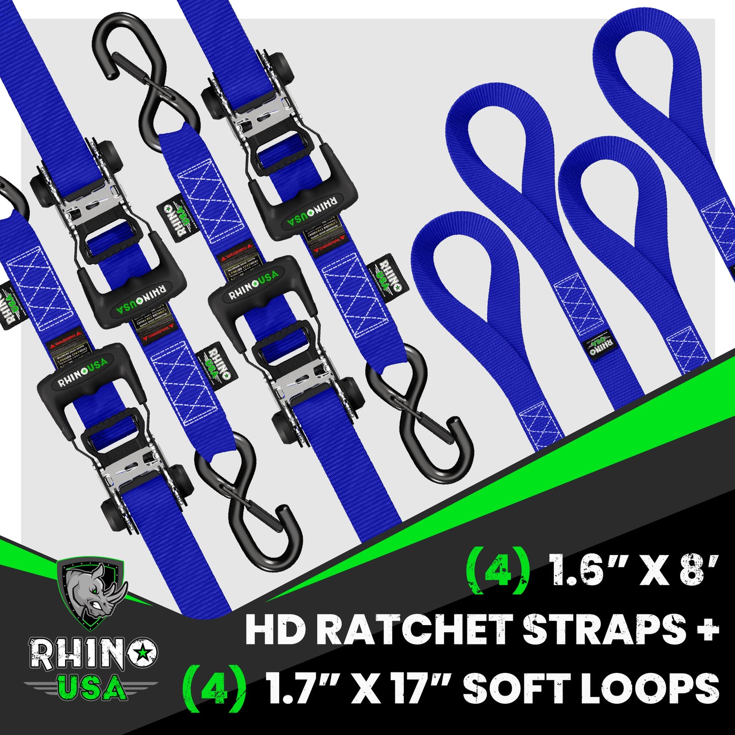 1.6" x 8' HD Ratchet Tie-Down Set (4-Pack)