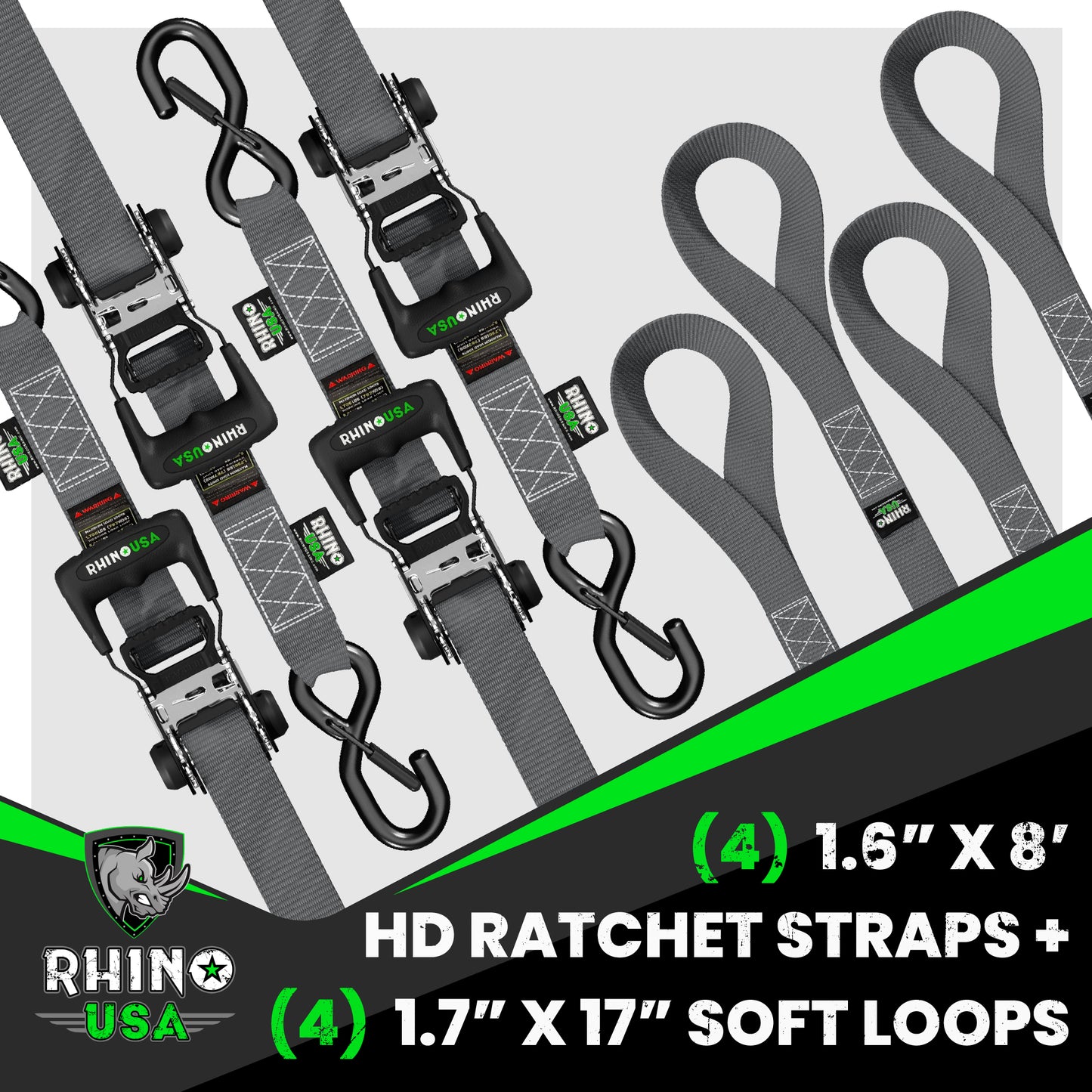 1.6" x 8' HD Ratchet Tie-Down Set (4-Pack)