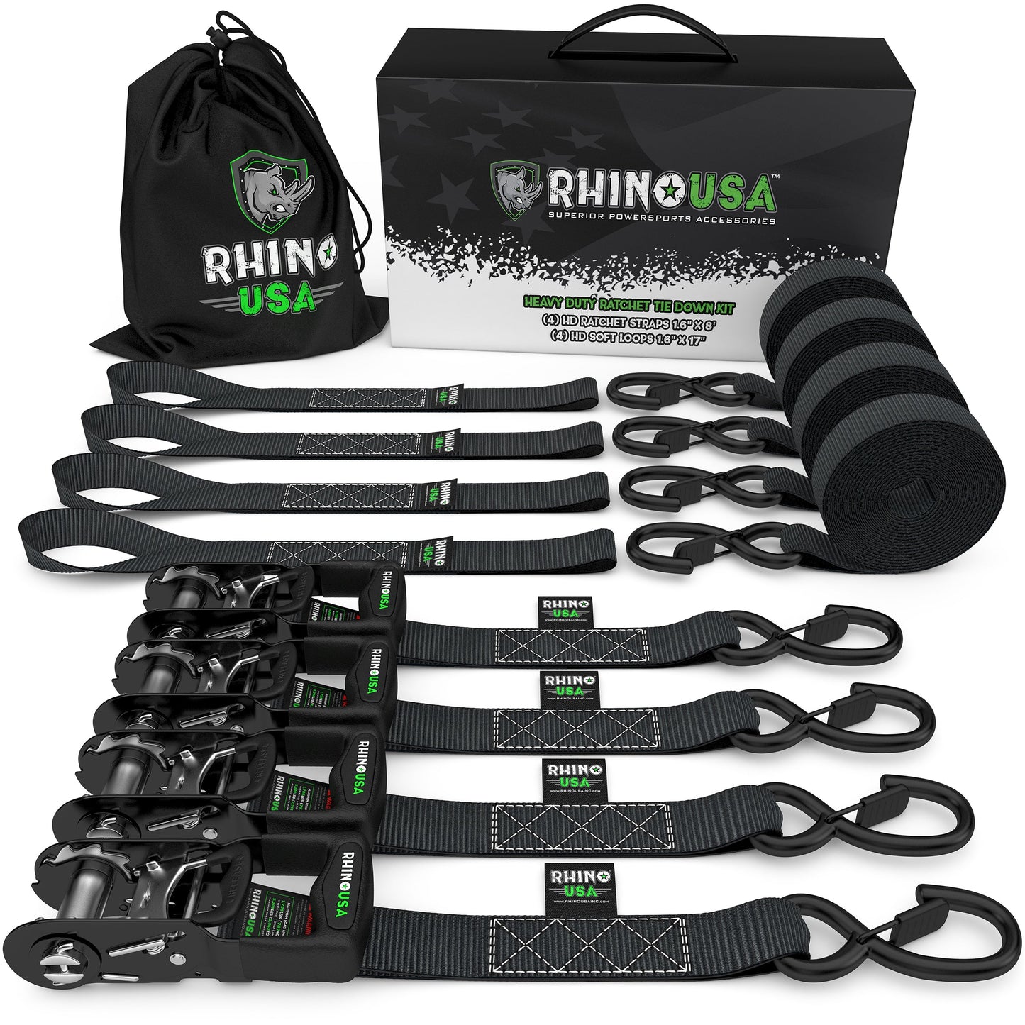 1.6" x 8' HD Ratchet Tie-Down Set (4-Pack) Tie-Down Straps Rhino USA, Inc. 